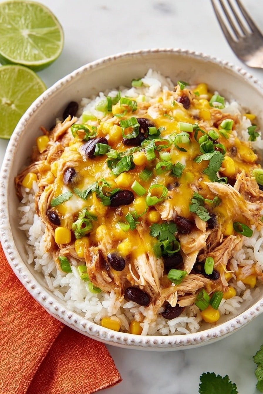 A bowl layered with white rice at the bottom, topped with shredded chicken mixed with black beans and yellow corn, all covered by melted yellow cheese. Bright green chopped scallions and fresh cilantro leaves are scattered on top, with a lime wedge resting on the side edge of the ornate white bowl. The bowl sits on a white marbled texture surface, and a fork with an orange napkin is placed nearby. photo taken with an iphone --ar 2:3 --v 7