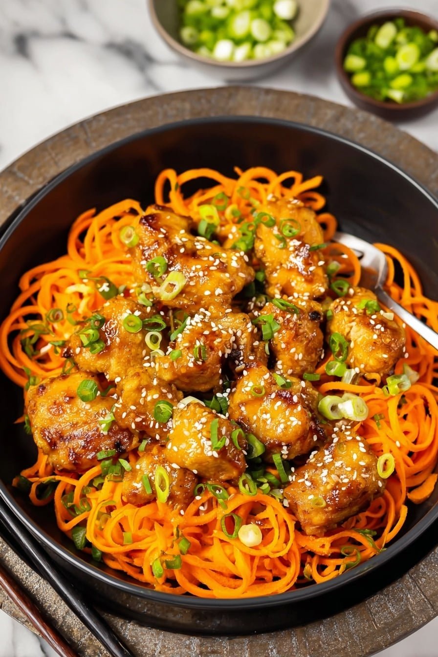 The dish is served in a round black bowl with a textured rim. At the bottom, there is a generous layer of bright orange spiralized carrots, creating a colorful base. On top of the carrots, there are several pieces of golden-brown glazed chicken coated with a shiny sauce. The chicken pieces are scattered evenly across the carrots, and small slices of fresh green onions are sprinkled over the chicken for color and freshness. White sesame seeds are sprinkled on top, adding texture and contrast. Two black chopsticks rest on the edge of the bowl, with one chopstick lifting a piece of chicken and some carrot spirals. The bowl sits on a white marbled surface, with small bowls of sliced green onions and sesame seeds blurred in the background, creating a fresh and appetizing look. Photo taken with an iphone --ar 2:3 --v 7