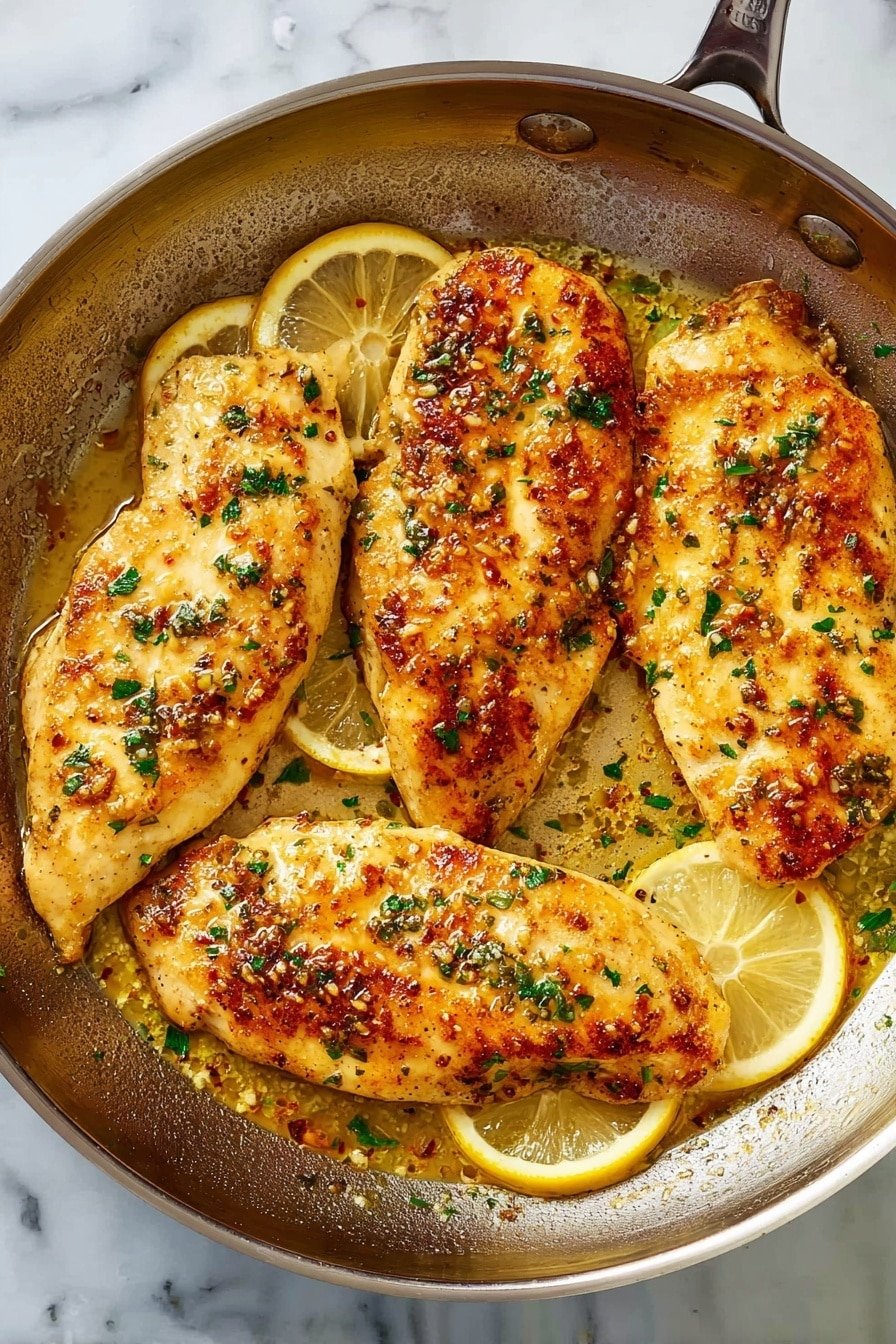 A pan with four golden brown cooked chicken fillets laid out close to each other, each piece sprinkled with small green herb bits and a slightly crisp texture on top. Between and under the fillets are thin lemon slices with pale yellow color and visible seeds. The pan has some browned bits from cooking around the edges and a shiny layer of cooking juices that reflect light. The background surface seen beyond the pan is white marbled texture. photo taken with an iphone --ar 2:3 --v 7