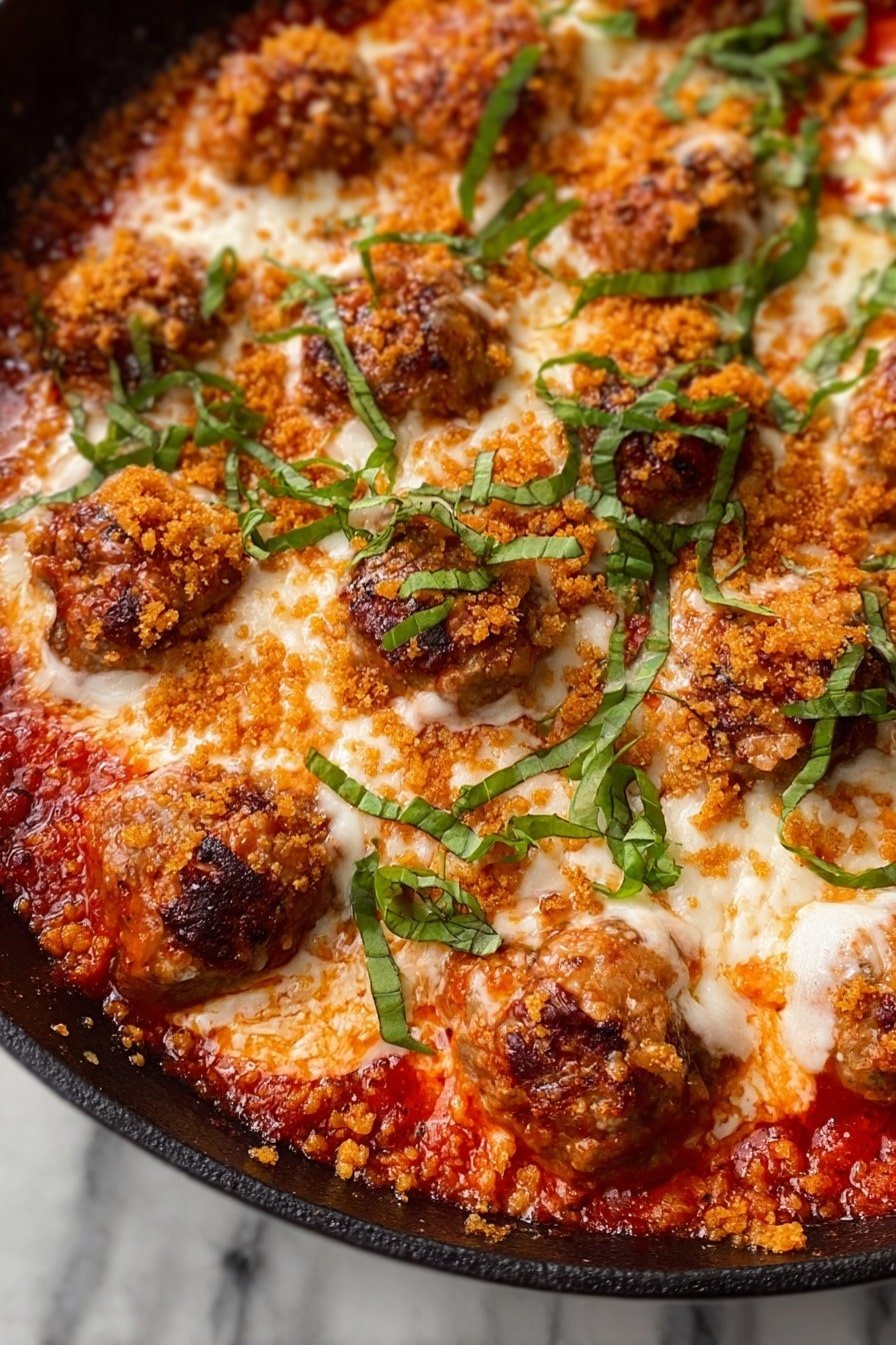 The image shows a pan filled with meatballs covered by melted white cheese with browned spots, sitting on a layer of thick red tomato sauce. On top of the cheese and meatballs, there is a scattered layer of golden crispy breadcrumbs adding texture. Thin strips of fresh green basil leaves are spread unevenly over everything. The pan rim is black, and the pan is on a white marbled surface. Photo taken with an iphone --ar 2:3 --v 7