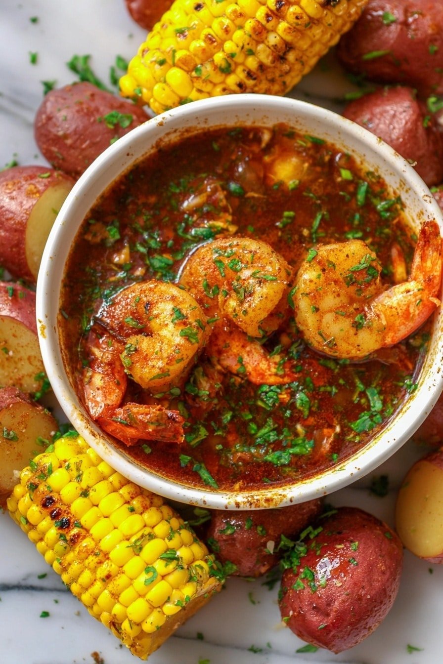 A close-up image shows a round ornate white bowl filled with a reddish-brown sauce sprinkled with green herbs, with a metal spoon inside. Around the bowl, there are reddish-brown small potatoes with a shiny, seasoned surface, orange-pink shrimp with visible tails, and a bright yellow, grilled corn cob piece with some charring seen on the kernels. The food is placed on a white marbled texture background, and the herbs are scattered across the ingredients. Photo taken with an iphone --ar 2:3 --v 7