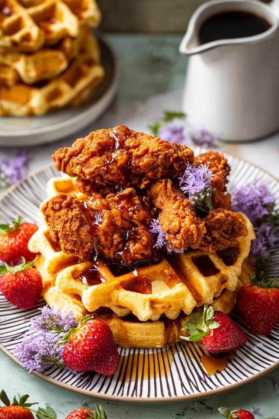 A stack of golden brown waffles forms the base layer on a white round plate with thin dark stripes, each waffle showing a crisp texture with deep square pockets filled with dark syrup. On top, there are several large pieces of crispy fried chicken, rich brown in color with a crunchy textured coating, generously drizzled with glossy dark syrup. Delicate small purple flowers are placed on the chicken as decoration. Around the plate, there are fresh red strawberries with green tops and silver forks on the white marbled surface. In the background, a white pitcher with dark syrup and more waffles can be seen. Photo taken with an iphone --ar 2:3 --v 7