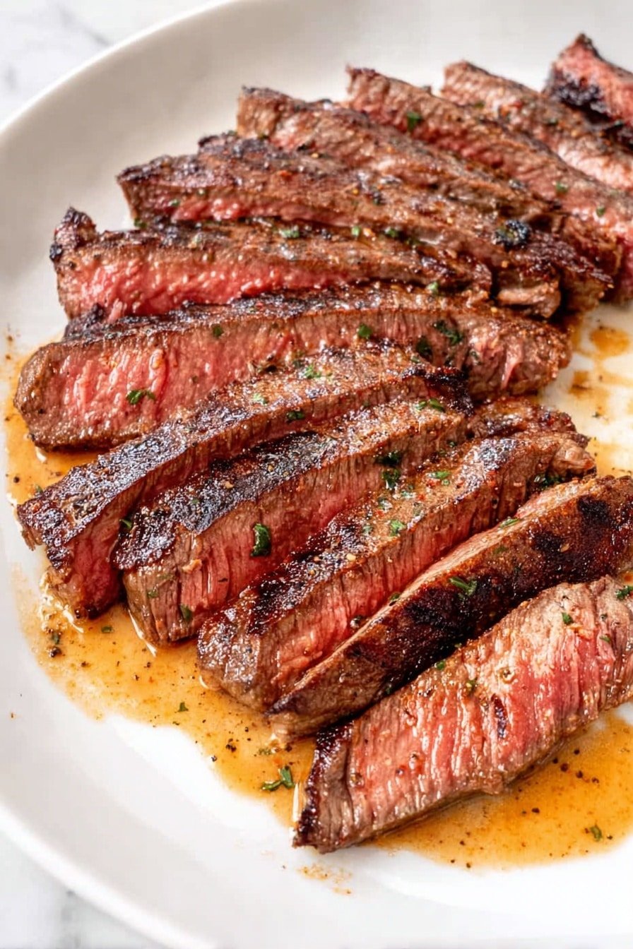 The image shows a white plate with several slices of cooked steak arranged in a semi-circle. Each slice has a brown, grilled outer edge with a pink, juicy inner center, showing they are cooked medium. The meat looks tender with some seasoning and herbs visible on the surface. The plate sits on a white marbled surface with some juices and seasoning drizzled around the meat. photo taken with an iphone --ar 2:3 --v 7