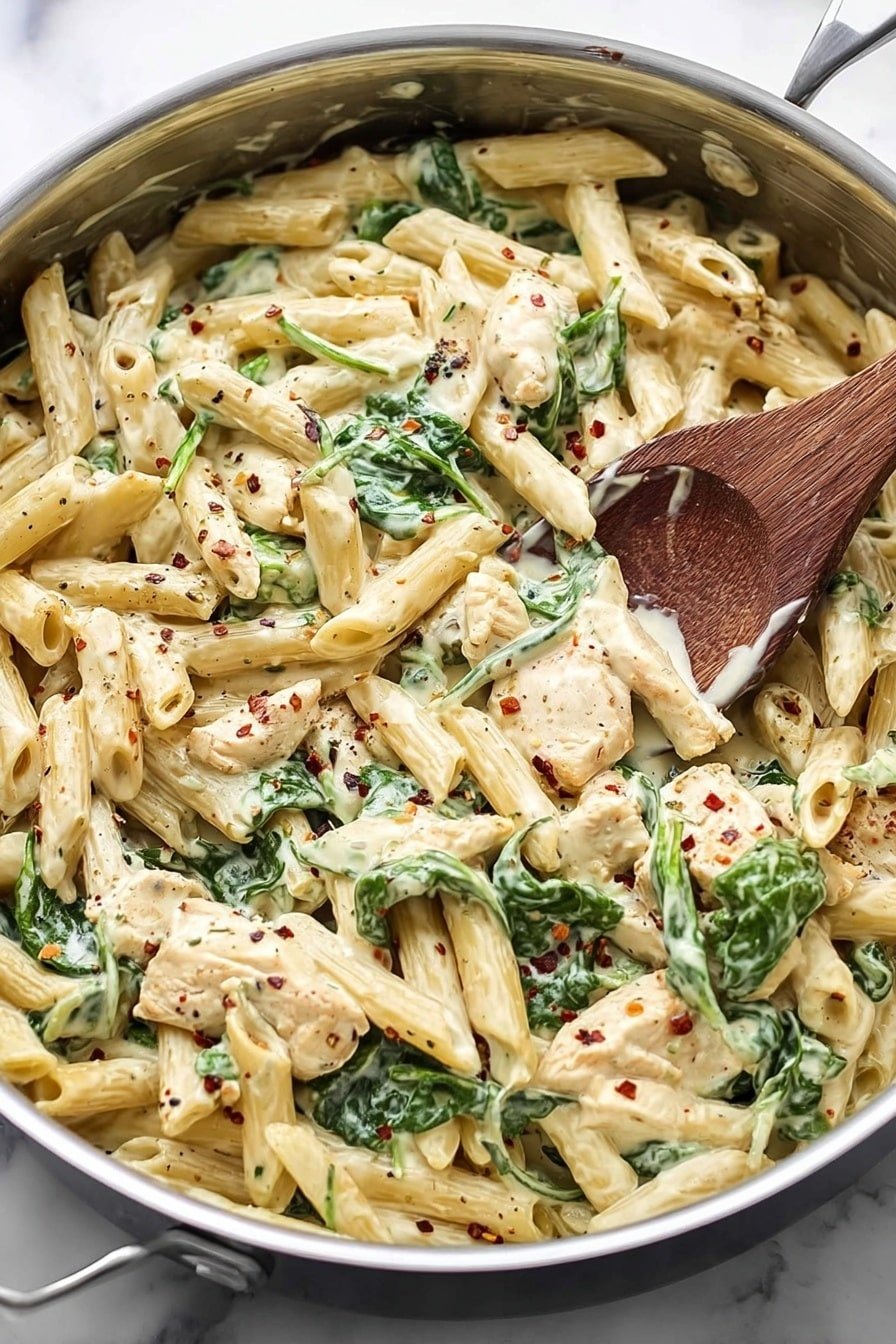 A metal pan filled with creamy penne pasta, mixed with light green spinach leaves and pieces of white chicken. The pasta is coated in a thick, pale cream sauce with specks of black pepper and small red chili flakes evenly spread throughout. A wooden spoon with a visible grain pattern is scooping into the dish from the right side of the pan. The pan is placed on a white marbled texture surface. photo taken with an iphone --ar 2:3 --v 7