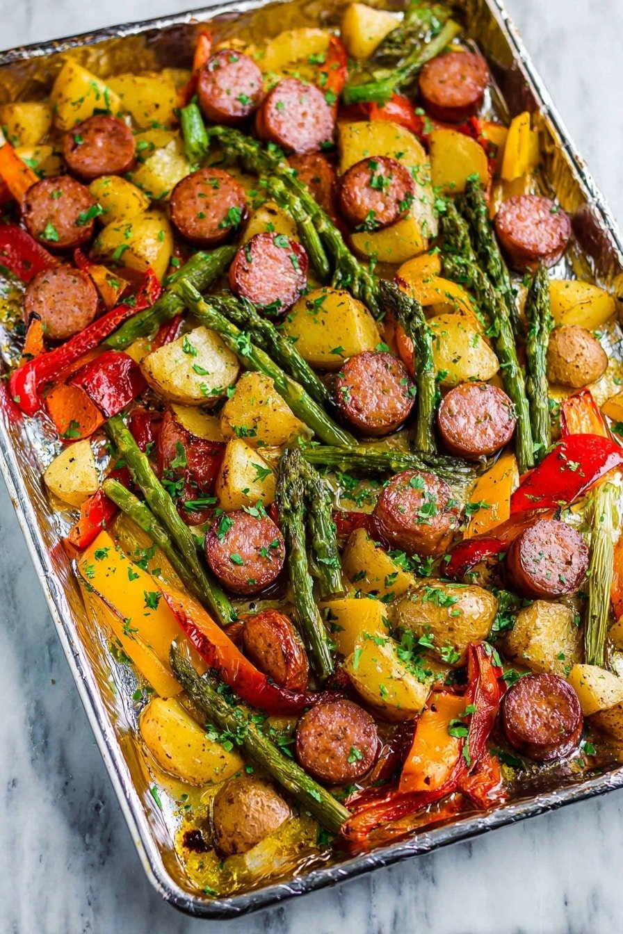 A metal baking tray lined with foil holds a colorful roasted mix of thick round sausage slices that are reddish-brown, chunks of golden yellow potatoes with browned edges, bright green asparagus pieces with charred tips, and red and yellow mini bell pepper halves with slightly wrinkled skin. The ingredients are scattered evenly, with a sprinkle of chopped fresh green herbs on top. The foil has some golden oil and browned bits. The tray sits on a white marbled texture. photo taken with an iphone --ar 2:3 --v 7