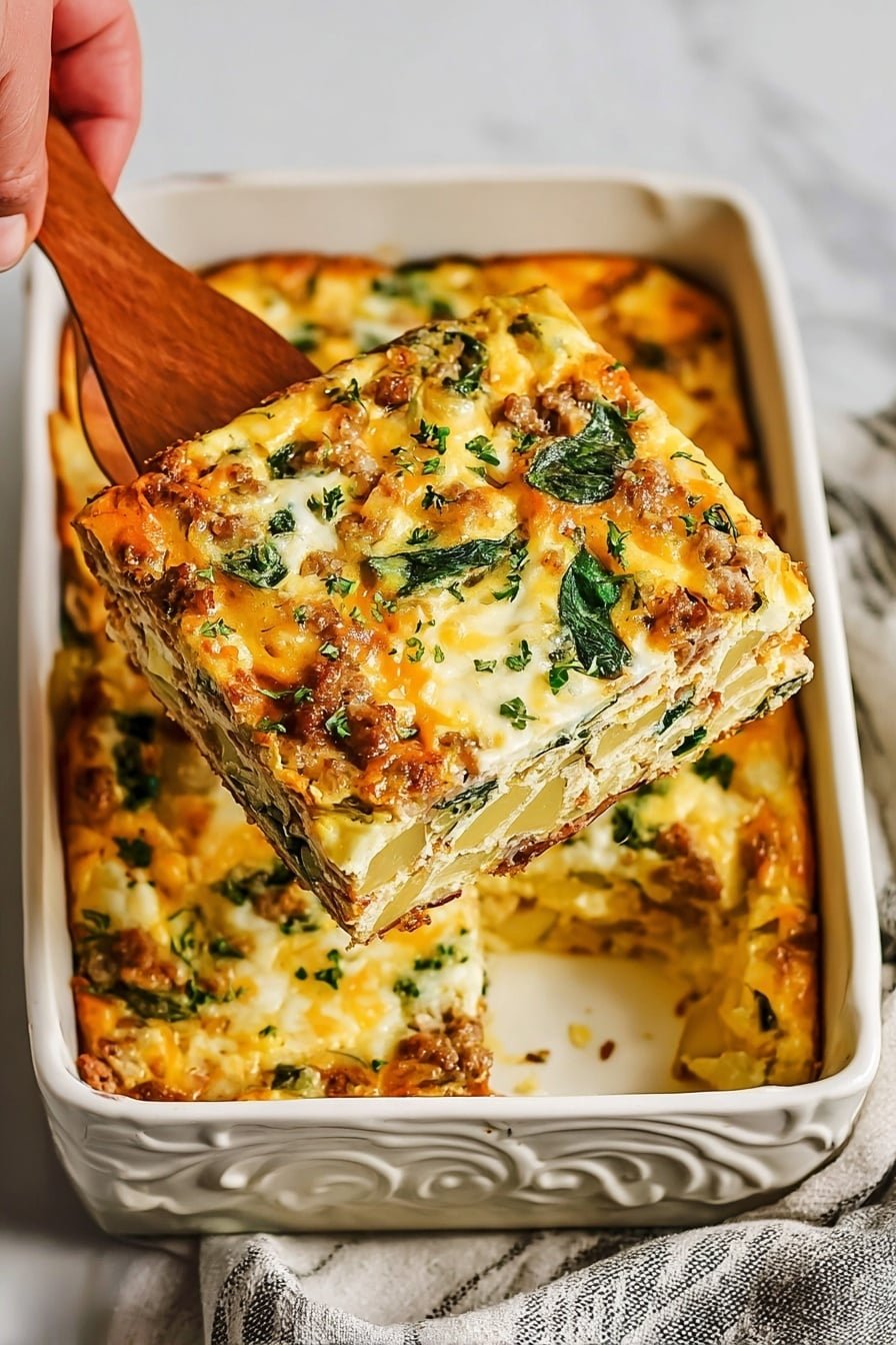 A square piece of baked egg casserole is being lifted with a wooden spatula held by a woman's hand. The casserole has three visible layers: a top golden-brown layer with melted cheese and spinach leaves scattered throughout, a middle layer of cooked potatoes and small bits of sausage mixed with eggs, and a bottom layer similar to the middle one, all inside an ornate white rectangular baking dish. The texture looks soft and slightly crispy on top, with green spinach pieces adding color contrast. The dish sits on a white marbled surface with a grey and white towel beside it. Photo taken with an iphone --ar 2:3 --v 7