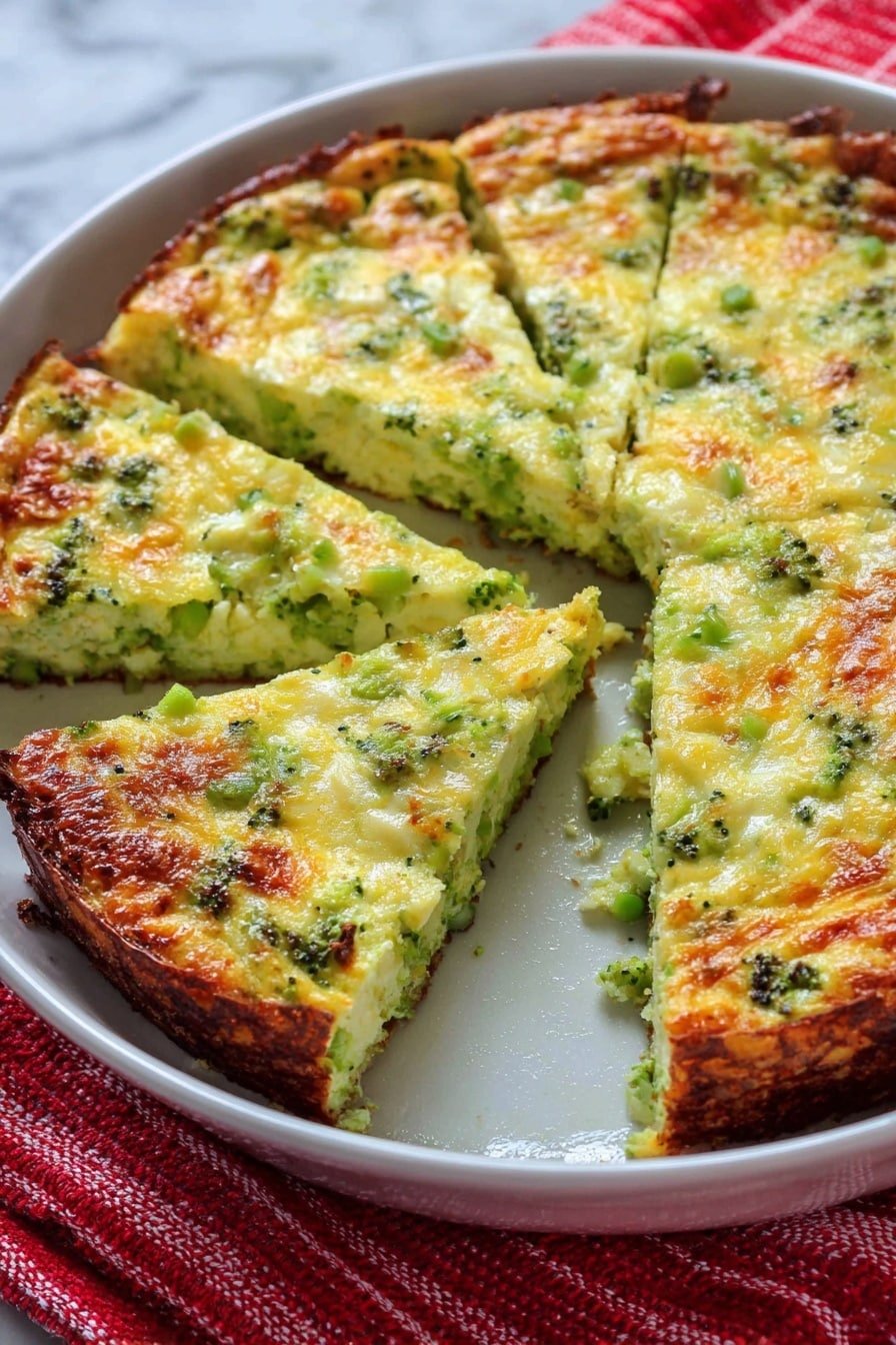 The dish is a round baked casserole cut into seven slices, with one slice slightly pulled out. The top layer is light golden brown with a slightly crispy texture and visible small green broccoli pieces spread evenly throughout. The inside shows a thick, soft, and creamy texture filled with green broccoli chunks, giving it a fresh and healthy look. It is served in a clear glass round dish resting on a white marbled texture with a red and white cloth underneath the dish. Photo taken with an iphone --ar 2:3 --v 7
