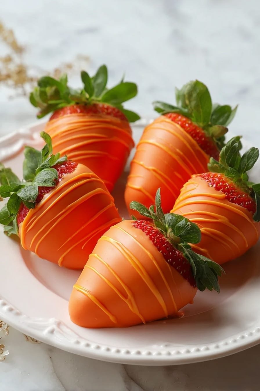 Four large strawberries are placed on a rectangular ornate white plate, each fully covered in smooth, shiny orange coating with thin orange lines drizzled over the top for decoration. The strawberries still have their bright green leaves with some veins showing, contrasting with the vibrant orange coating. The plate rests on a white marbled textured surface with soft light highlighting the glossy texture of the coating and fresh green leaves. The strawberries are arranged close together in a neat cluster. Photo taken with an iphone --ar 2:3 --v 7