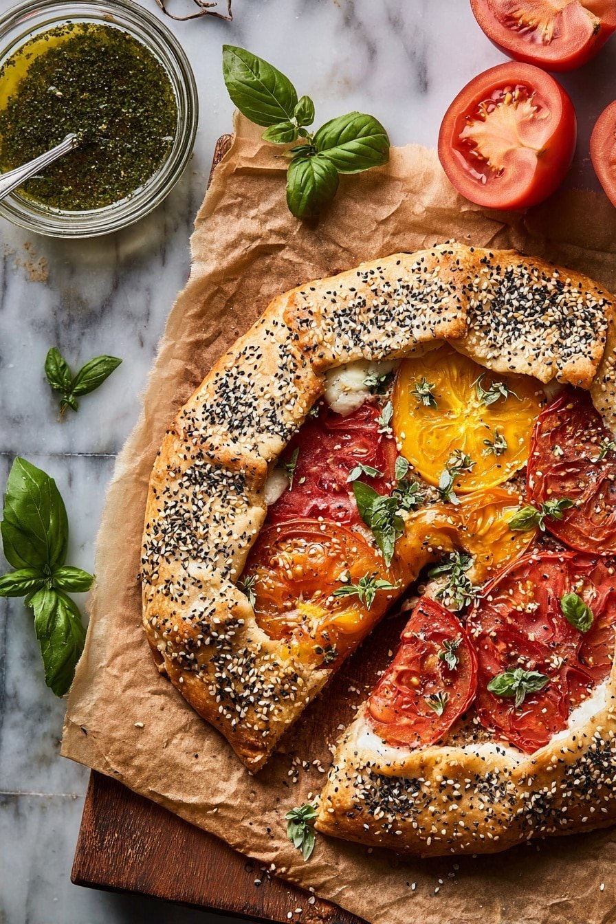 A round galette with a thick golden brown crust sprinkled with black and white sesame seeds folds over the edges, resting on light parchment paper on a wooden board. Inside, there are three layers: a white creamy cheese base, bright yellow tomato slices in the middle, and red tomato slices on top with a slightly roasted texture, scattered with small green basil leaves. Next to the board, there is a glass bowl with green herb oil and a silver pie server above it. Two large halved red tomatoes lie on the dark blue textured surface, complemented by a few fresh basil leaves, all placed on a white marbled texture photo taken with an iphone --ar 2:3 --v 7