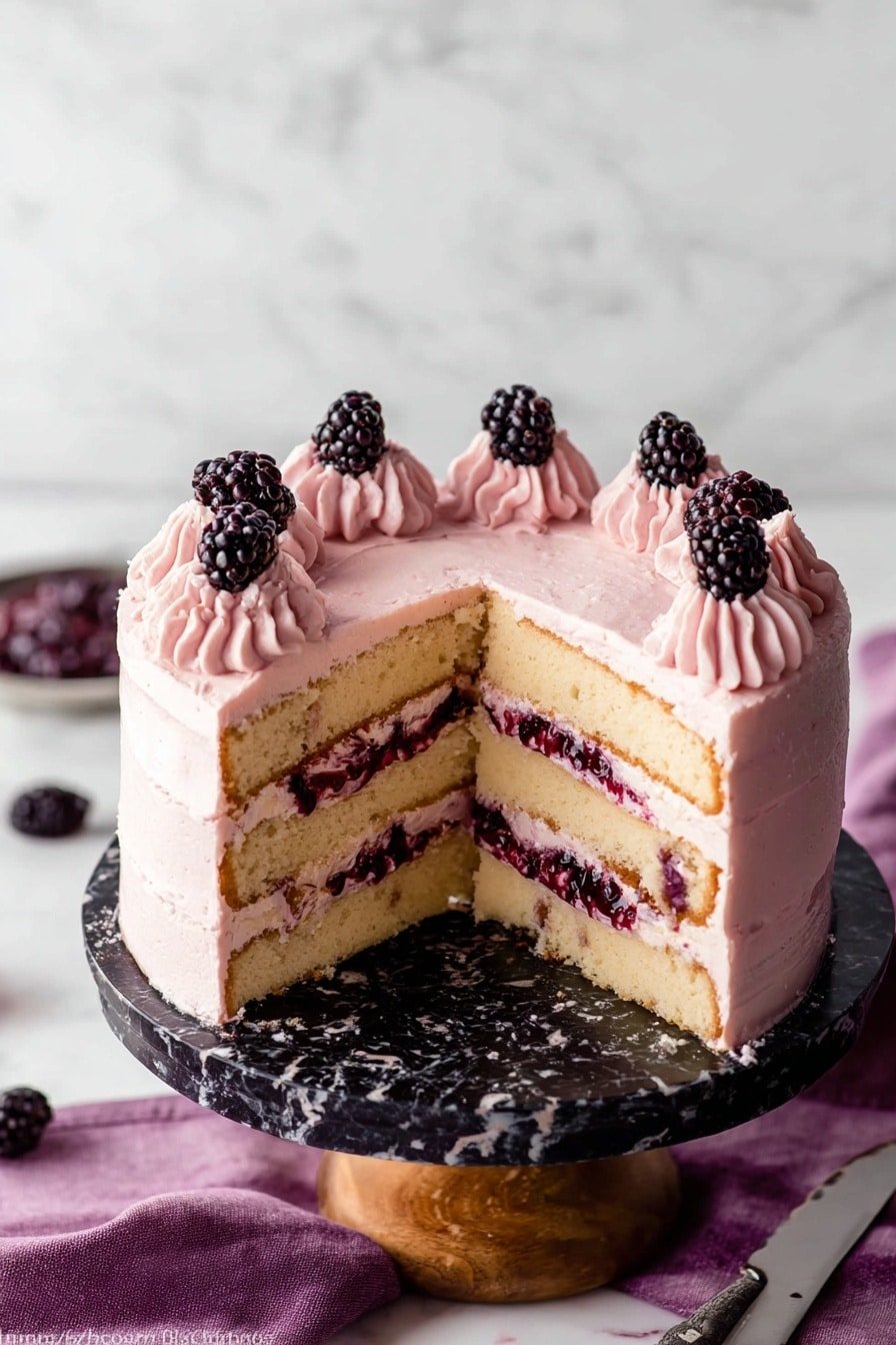 A three-layer vanilla cake with light pink frosting covers the whole cake and is decorated with swirls of pink frosting around the top edge, each topped with a blackberry. Inside, each cake layer is separated by white cream filled with dark purple blackberry jam and blackberry pieces. The cake sits on a wooden cake stand, and a slice is removed, showing the inside layers clearly. The background is a white marbled texture with a purple cloth in soft focus. Photo taken with an iphone --ar 2:3 --v 7