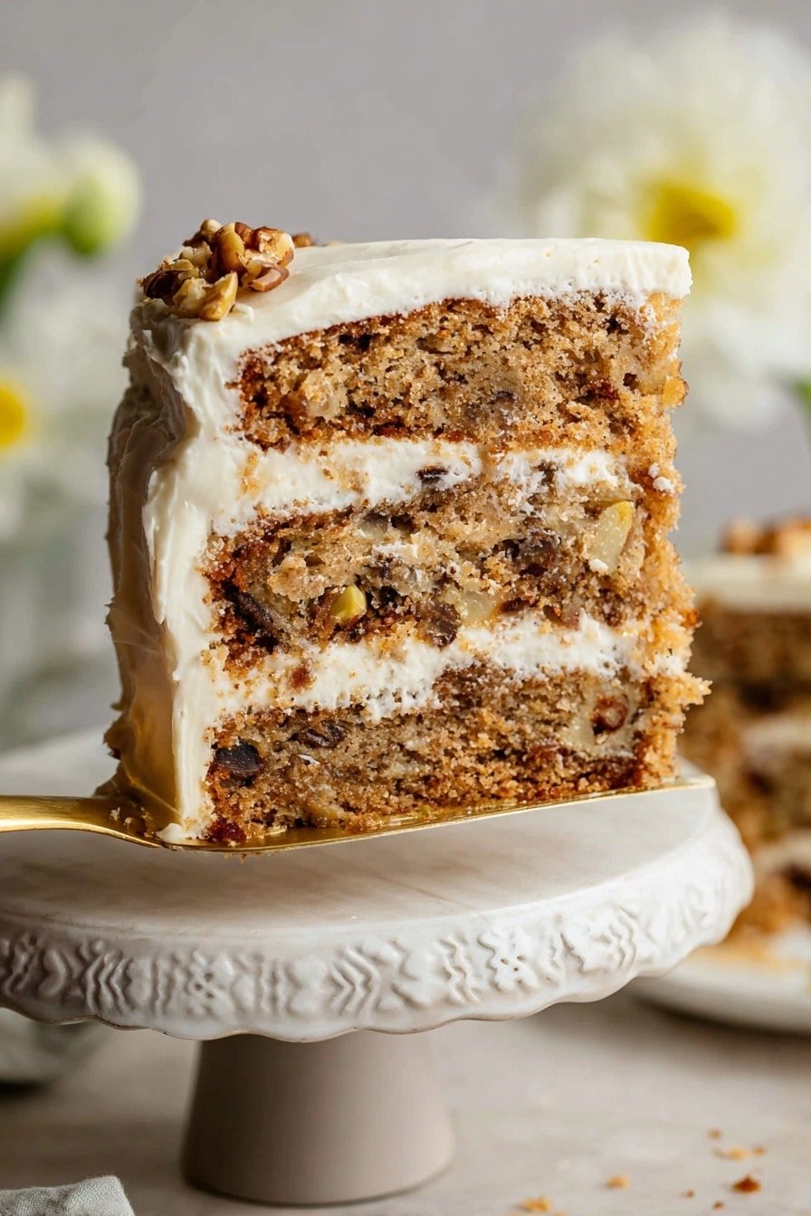 The image shows a close-up of a three-layer cake slice being lifted by a gold spatula from an ornate white cake stand with a white marbled surface. The cake has three thick, light brown layers filled with visible chunks of nuts and darker spots, likely raisins or chocolate bits. Between each cake layer is a smooth white frosting that also covers the top of the cake, with some frosting slightly dripping down the side. The cake's texture looks moist and crumbly, and there are small crumbs scattered on the white marbled surface below. In the background, there is a blurred white flower adding a soft touch to the scene. Photo taken with an iphone --ar 2:3 --v 7