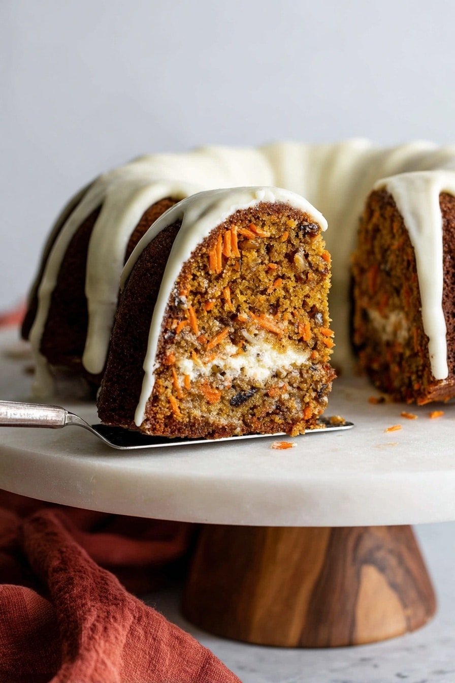 The image shows a slice of a brown bundt cake with visible small dark nuts and shredded orange carrot pieces inside. The cake has a thick middle layer of creamy white filling running horizontally through the center. The outer surface of the cake is glazed with white icing that lightly drips down its sides. The slice is held on a silver spatula laying on a round white marbled texture cake stand with a wooden pedestal. A soft green cloth is placed next to the cake stand, and the overall background is simple and clean photo taken with an iphone --ar 2:3 --v 7