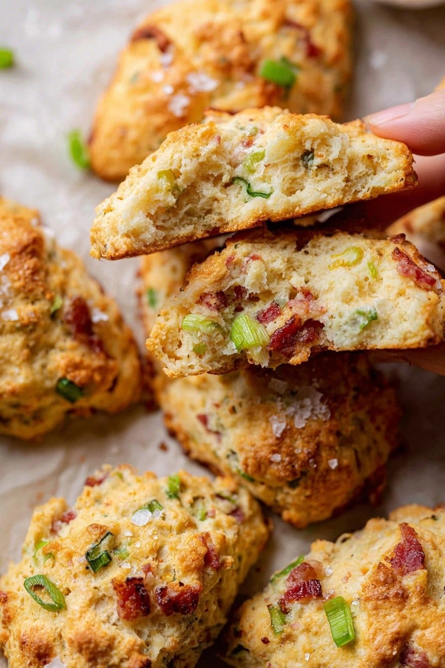 The image shows several thick scones on a white marbled texture. Each scone has a rough, golden-brown outside with bits of green onion and small pieces of reddish bacon mixed inside. The scones are sprinkled with coarse sea salt on top, giving a slightly shiny and crunchy look. One scone is held above the others by a woman's hand, breaking apart to show a soft, crumbly inside with visible green onions and bacon pieces. The scones are arranged closely together, showing their uneven, homemade texture photo taken with an iphone --ar 2:3 --v 7