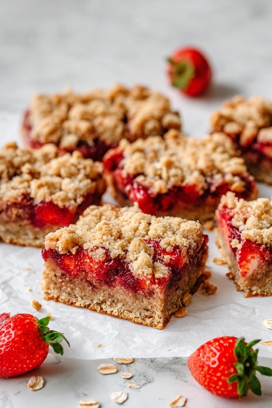 The image shows seven square pieces of strawberry crumble bars arranged on white parchment paper over a white marbled surface. Each bar has three layers: a thick, dense, light brown base; a middle layer with bright red strawberry chunks; and a crumbly, golden-brown oat topping with visible oat flakes giving a rough texture. Some oat flakes and strawberries are scattered around the bars on the parchment paper, and two whole strawberries with green stems are placed on the white marbled surface near the bars. The focus is on the front bars, with the background softly blurred. photo taken with an iphone --ar 2:3 --v 7
