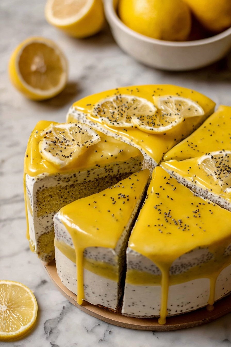 A round cake with three visible layers sits on a white marbled surface. The bottom and middle layers are creamy white, smooth in texture, while the top layer is a shiny yellow glaze with a reflective surface and is decorated with small black seeds scattered across. The glaze swirls slightly over the edges, and lemon slices with visible seeds and pulp rest on one side of the cake top. The cake is already sliced into eight even parts, with one slice slightly pulled out to show the soft, creamy texture inside. A white bowl filled with yellow lemons sits blurred in the background. photo taken with an iphone --ar 2:3 --v 7