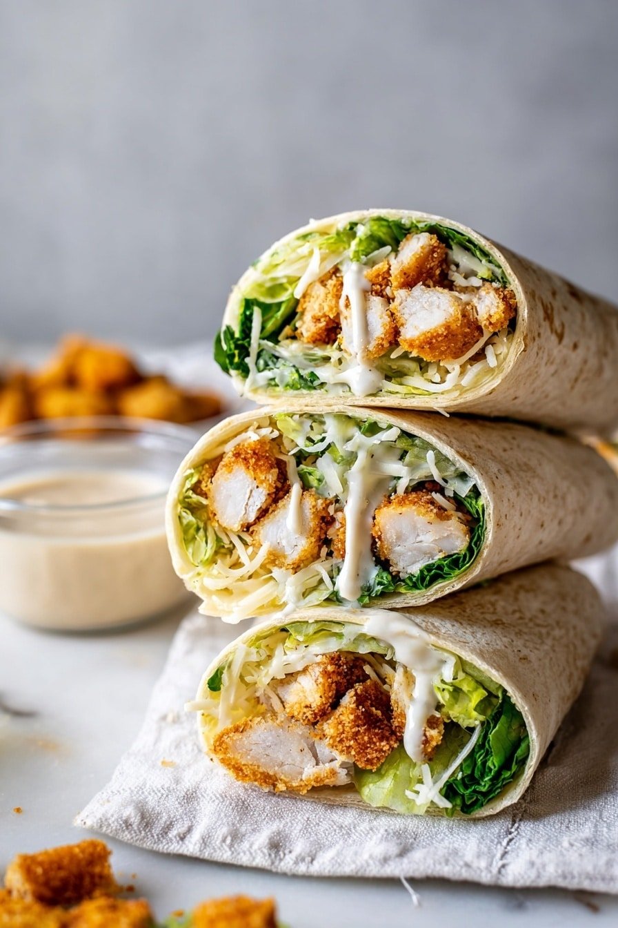 Three wrap sandwiches stacked in a pyramid shape on wrinkled parchment paper over a white marbled surface. Each wrap is made of a light beige tortilla, cut to show layers inside: crispy golden brown fried chicken pieces, fresh bright green lettuce, white shredded cheese, and a creamy white sauce drizzled over the top. In the blurred background, a clear round glass bowl with a pale beige dipping sauce and some scattered golden brown croutons are visible. The overall look is fresh and inviting with soft natural lighting highlighting the textures. Photo taken with an iphone --ar 2:3 --v 7