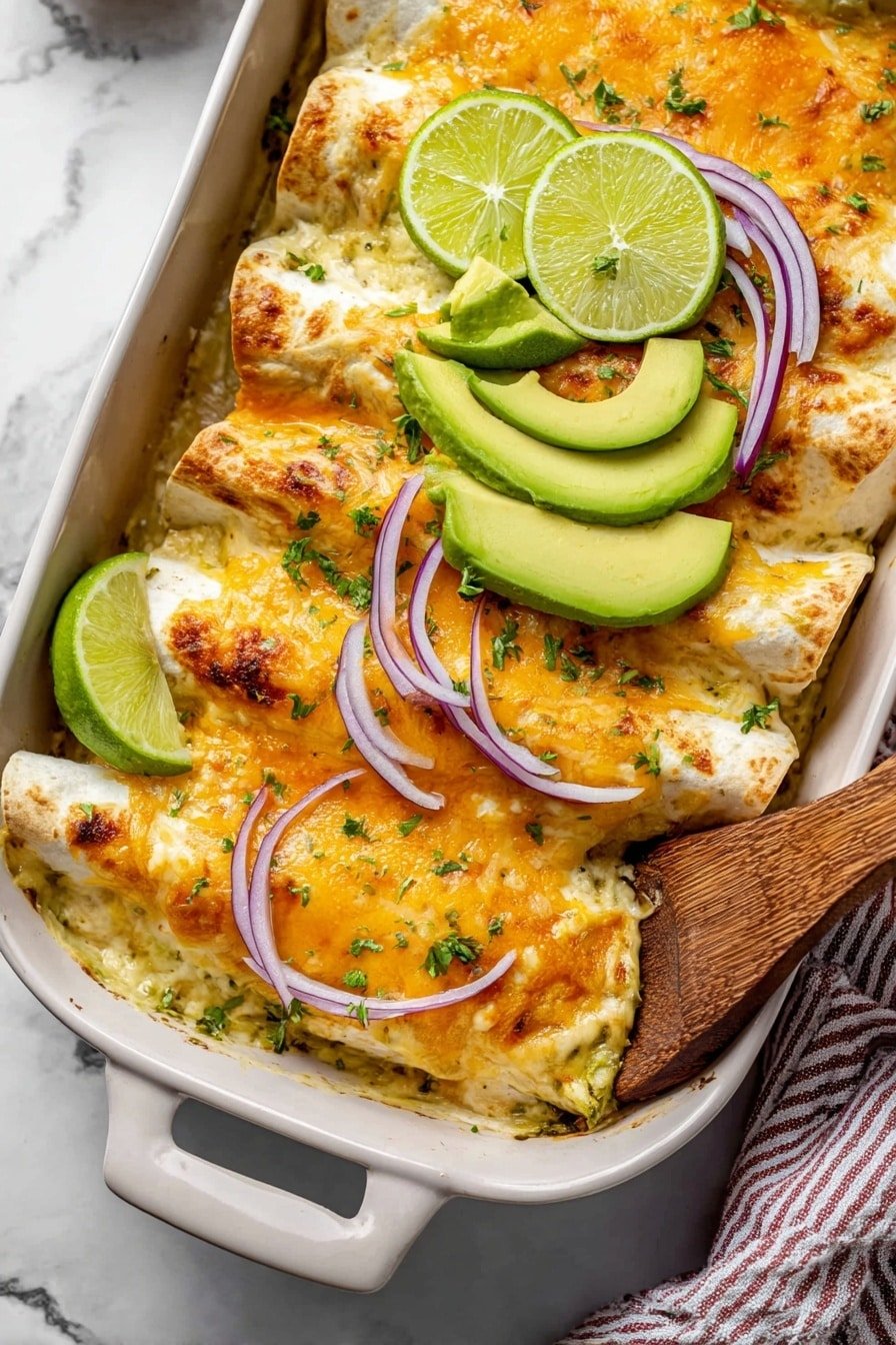 A white baking dish holds three baked rolled tortillas filled with a creamy mixture, topped with melted orange cheese that is slightly browned on top. The tortillas are garnished with sliced green avocado pieces and thin rings of light purple-red onion. On one side of the dish, three green lime slices rest atop the cheesy baked tortillas. A wooden spatula is lifting one tortilla, showing a soft, creamy inside. The scene is set on a white marbled surface with a striped cloth partially visible on the right side. Photo taken with an iphone --ar 2:3 --v 7