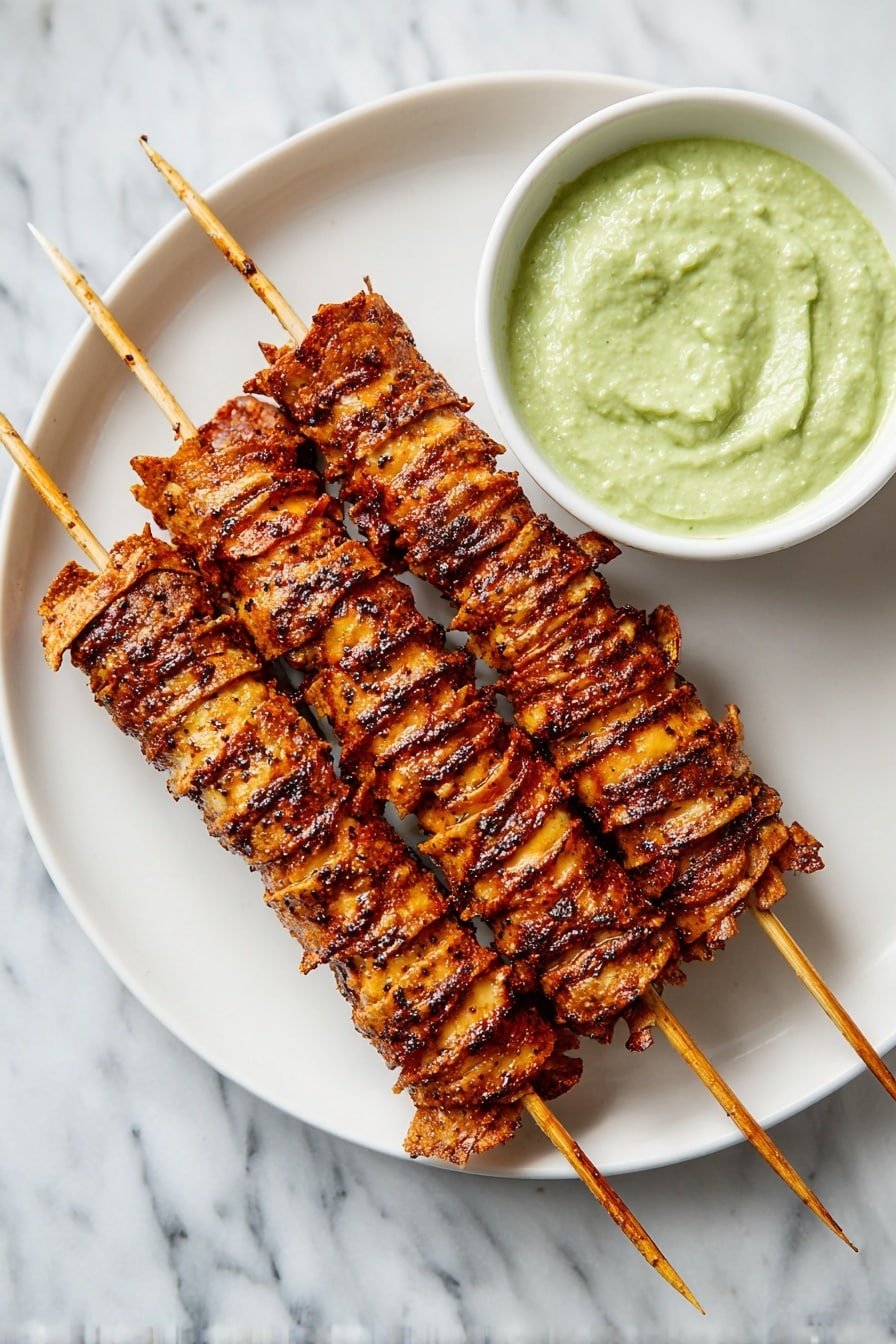 The image shows three skewers of grilled, layered, thinly sliced food with a reddish-brown color and visible seasoning on top, placed on a white round plate. The layers on the skewers have a slightly crispy texture with darker edges and some glossy spots. To the right side of the skewers on the plate is a small white bowl filled with a thick, light green creamy dip. The plate sits on a white marbled surface. The photo taken with an iphone --ar 2:3 --v 7