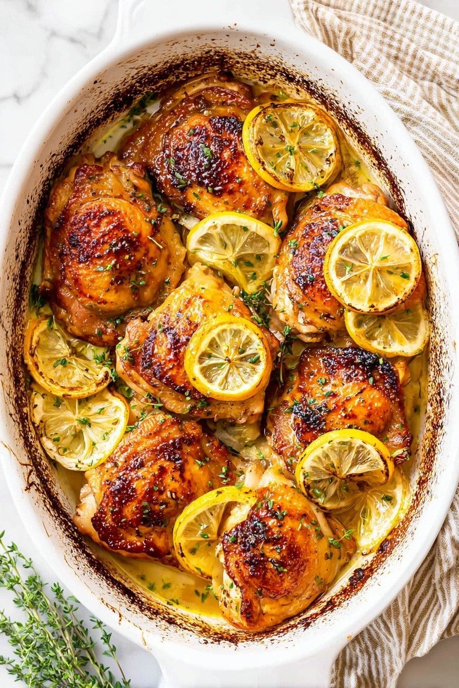 The dish shows seven pieces of golden brown roasted chicken thighs with crispy skin on top, each piece topped or nestled with thin slices of bright yellow lemon. The chicken pieces sit closely together in an ornate white oval baking dish with a slightly worn edge and some baked-on browned spots. Fresh chopped green herbs are scattered over the chicken and around the lemon slices, adding a touch of color. The dish is placed on a white marbled surface with some green herb sprigs and a striped beige and white cloth visible at the sides. The chicken has a juicy, slightly glazed look with dark brown charred spots on some pieces, and the lemon slices look soft and roasted. Photo taken with an iphone --ar 2:3 --v 7