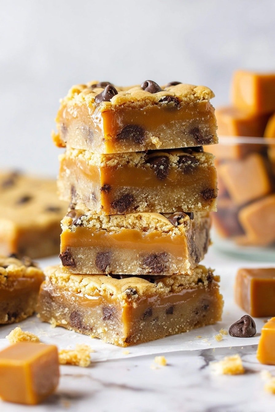 The image shows a stack of four square cookie bars on a white marbled surface, each bar having three layers: a top and bottom layer of light golden-brown cookie dough with dark chocolate chips embedded throughout, and a thick, smooth light caramel layer in the middle. The bars are slightly crumbly, with crumbs and small caramel pieces scattered around them. In the blurred background, there are more caramel cubes and a glass container filled with caramel pieces. The photo taken with an iphone --ar 2:3 --v 7