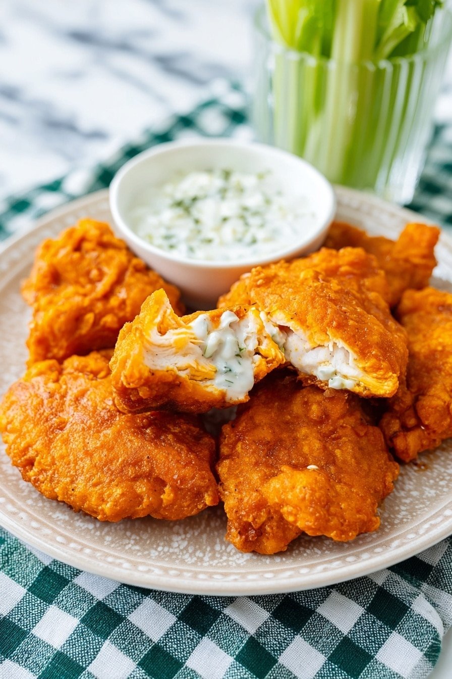 A white ornate plate holds six pieces of bright orange fried chicken wings arranged in a loose cluster, with one piece broken open on top showing white tender meat inside. In the center back of the plate, a small cup of creamy white dipping sauce with green herb bits is placed. The plate sits on a white marbled surface covered partially by a checkered cloth. In the background, a clear glass filled with green celery sticks is visible, adding a fresh pop of color. Photo taken with an iphone --ar 2:3 --v 7