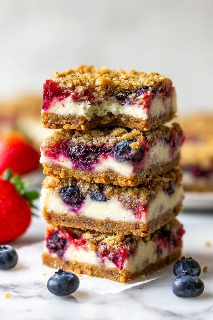 The image shows a stack of four square dessert bars on a white marbled surface, each bar having three visible layers: a thick golden-brown crumbly oat base, a creamy white middle layer with mixed berries like blueberries and raspberries embedded inside, and a textured golden-brown crumb topping with scattered berries peeking through. The top bar has a bite taken out of it, revealing the moist and colorful layers inside. Around the bars, there are loose blueberries and a partially visible red strawberry in the background. photo taken with an iphone --ar 2:3 --v 7