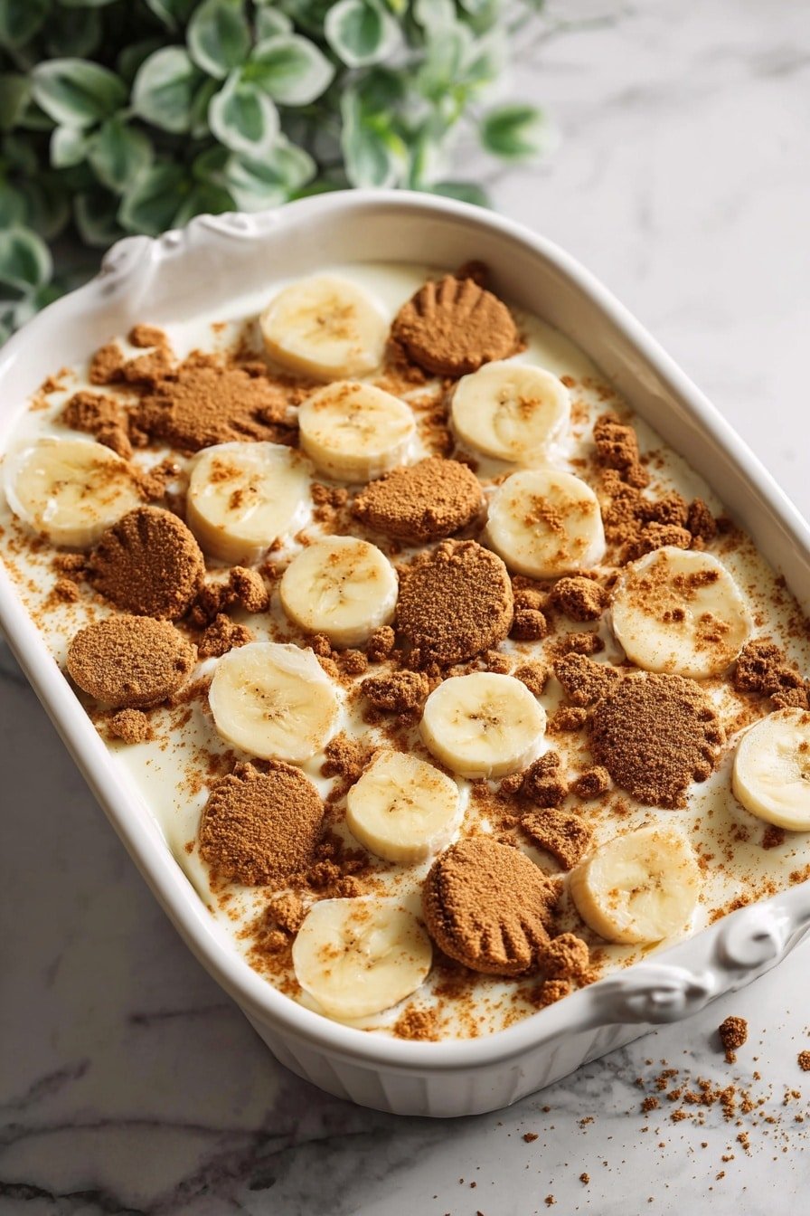 A white speckled baking dish filled with a creamy white layer topped with banana slices and broken brown cookies scattered evenly across the surface. The bananas are round, pale yellow with soft texture, while the cookies have a rough, crumbly texture with ridged edges and some crumbs sprinkled on top. The dish is set on a white marbled texture surface with a blurred green leafy plant in the background. photo taken with an iphone --ar 2:3 --v 7