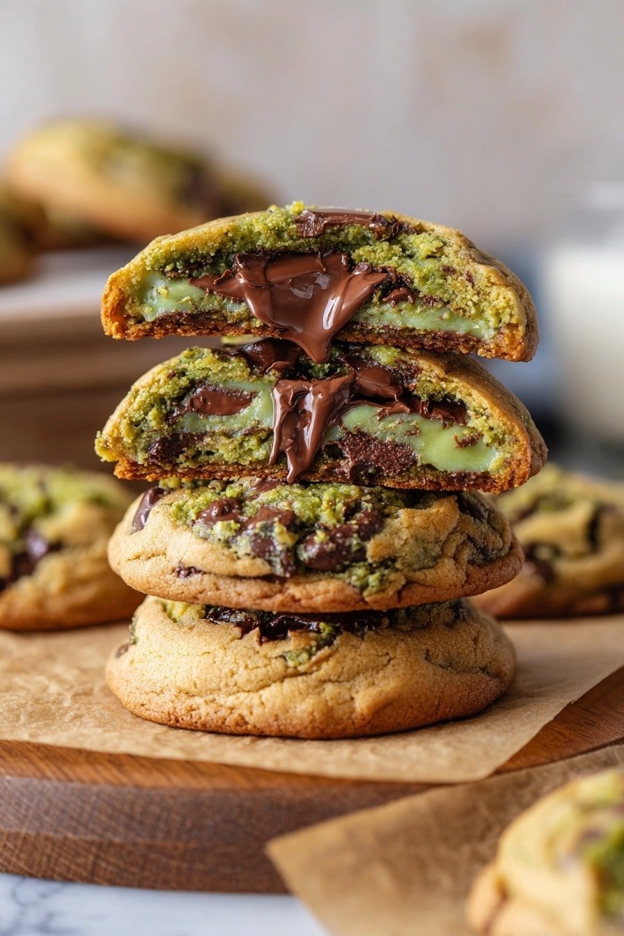 The image shows seven round cookies on a white marbled surface. Each cookie is thick with a rough, slightly cracked light brown base, studded with dark brown melted chocolate chunks and bright green pistachio pieces. One cookie is broken open in the center, revealing a soft, smooth green pistachio filling inside. The cookies have a slightly shiny texture with some flakes of salt sprinkled on top, adding to their freshness. photo taken with an iphone --ar 2:3 --v 7