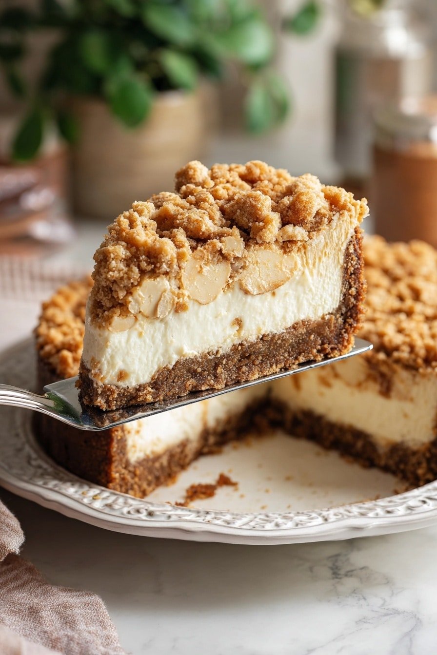 A thick slice of crumb-topped pie with three layers is lifted on a spatula above an ornate white plate. The bottom layer is a dense, dark brown crumb crust forming the base and thick sides. The middle layer is creamy white with a smooth texture. The top layer has soft, beige chunks, covered with a crumbly golden brown streusel that looks rough and uneven. The pie is set on a white marbled surface, and the background is softly blurred with a plant and kitchen items visible. Photo taken with an iphone --ar 2:3 --v 7