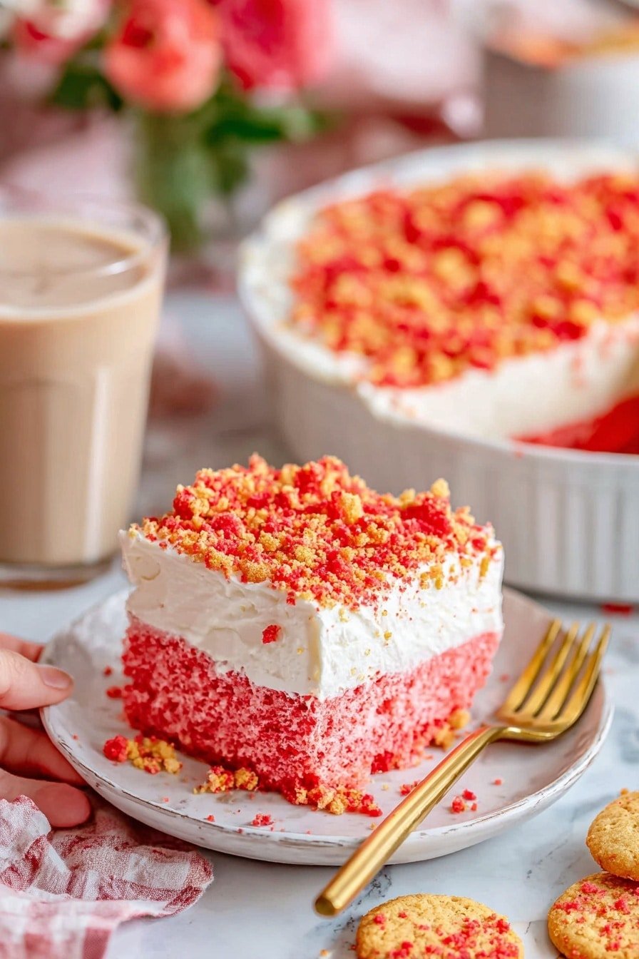 The image shows a dessert with two thick layers on a white plate resting on a white marbled surface. The bottom layer is a pink cake with a soft and airy texture, while the top layer is a thick white creamy frosting. The frosting is sprinkled with crushed red and light orange crumbs, adding a crunchy texture. Behind the plate, there is a white dish filled with more of the same dessert, and to the side, there is a glass cup with a light-colored drink. Golden cookies with red filling are scattered around. A silver fork sits beside the plate, and a woman's hand is holding the plate near the edge. The setting is bright and colorful, making the dessert look fresh and inviting. photo taken with an iphone --ar 2:3 --v 7