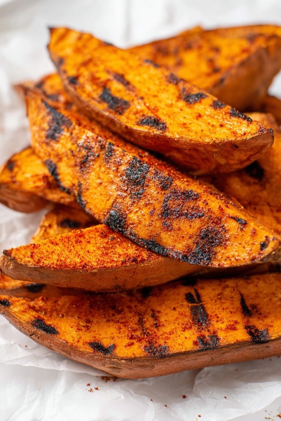 A close-up view of several grilled sweet potato wedges stacked on white parchment paper, showing a rough orange surface with dark grill marks and a lightly charred brown skin edge. The wedges are thick, irregular in shape, with a slightly dry, grainy texture, and sprinkled with some reddish seasoning powder. The background is a white marbled texture. photo taken with an iphone --ar 2:3 --v 7