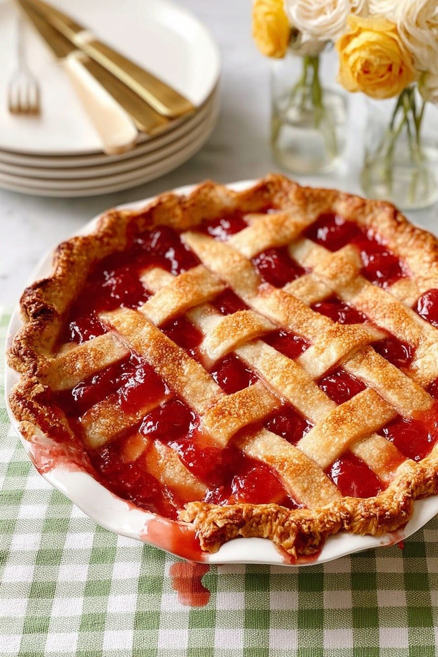 A round pie with a golden brown lattice crust on top, showing thick, bright red fruit filling bubbling through the gaps. The crust edges are crimped and browned, with some filling spilling over onto the white pie dish. The pie sits on a beige and white checkered cloth with a white marbled texture background. Behind the pie, there is a stack of white plates, two gold knives with white handles, and three small glass vases holding cream and yellow flowers. Photo taken with an iphone --ar 2:3 --v 7