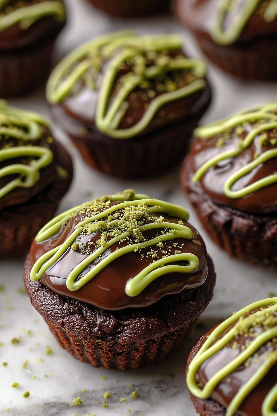 The image shows small chocolate cupcake-like desserts arranged on a white marbled surface. Each cupcake has two main layers: a dark brown, slightly rough textured base, and a shiny, smooth chocolate topping that curves over the top. The chocolate topping is decorated with bright green lines of a thicker sauce, drizzled in loops and waves across the top. There are small green crumbs sprinkled over the green drizzle and chocolate layer, adding a fine textured look. The cupcakes are closely grouped, some partially out of focus in the background, creating a sense of depth. photo taken with an iphone --ar 2:3 --v 7
