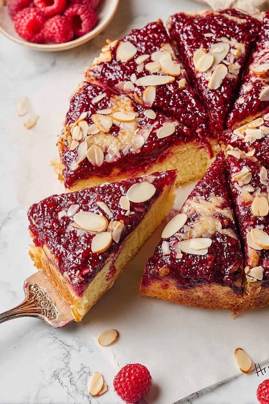 A round cake sliced into eight pieces sits on a rustic paper over a white marbled surface. The cake has two layers: a thick bottom layer of light yellow sponge and a top layer coated with a thick, textured dark red raspberry jam studded with whole seeds. Thinly sliced almond flakes are scattered over the jam layer, giving a crunchy contrast. One slice is being lifted with a silver spatula, showing the soft inside and the thick topping. Fresh red raspberries and almond flakes are scattered around for decoration. photo taken with an iphone --ar 2:3 --v 7