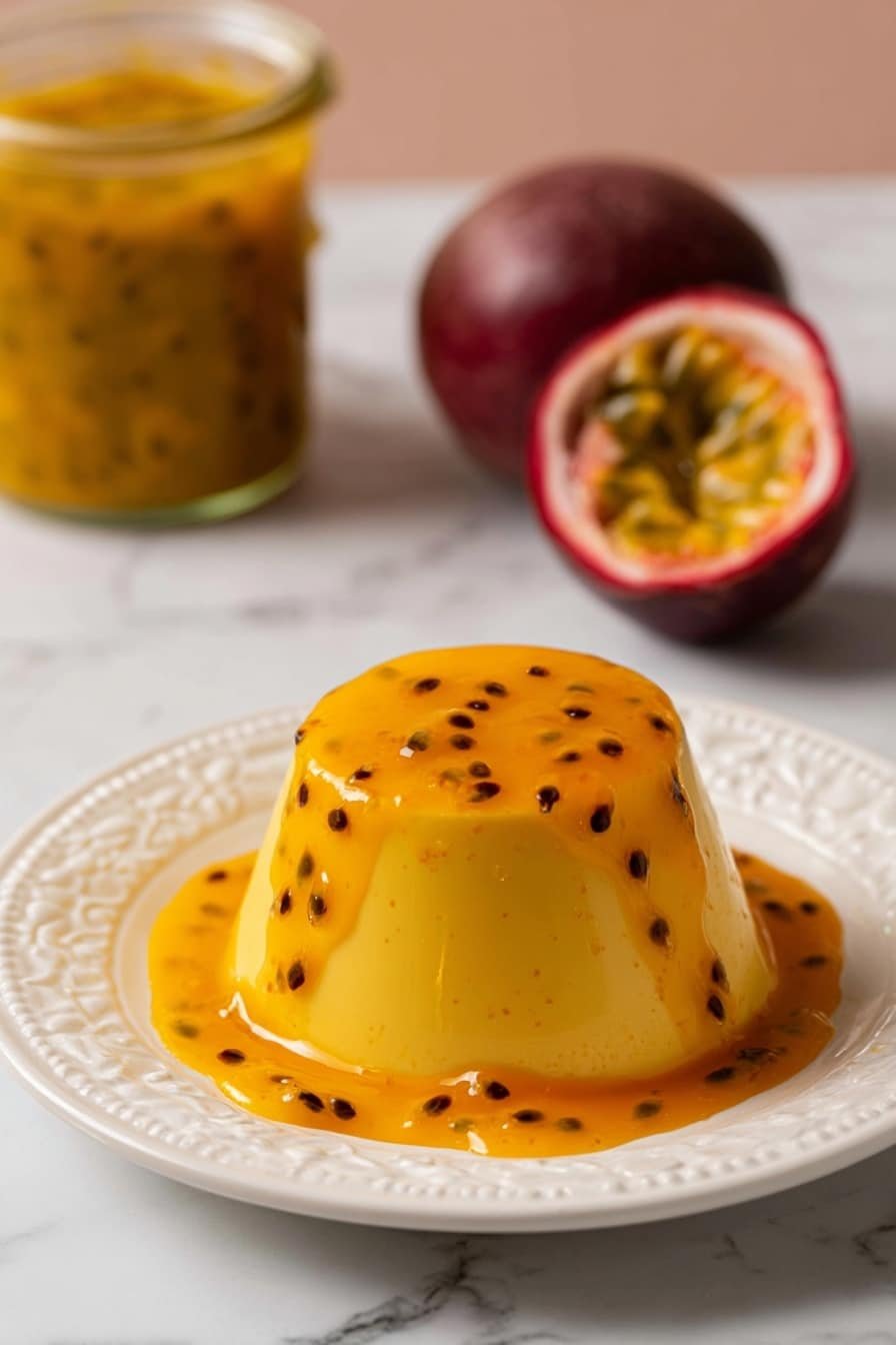 A smooth, yellow-orange panna cotta sits in the center of a white plate, topped and surrounded by glossy passion fruit sauce with small black seeds spread evenly over the surface. The panna cotta has a slight shine and a creamy texture, with sauce gently dripping down the sides and pooling at the base. In the background, two halved passion fruits show their bright yellow pulp and seeds inside their dark reddish-purple rinds. The scene is set on a white marbled surface with a blurred glass jar of passion fruit sauce to the left. Photo taken with an iphone --ar 2:3 --v 7