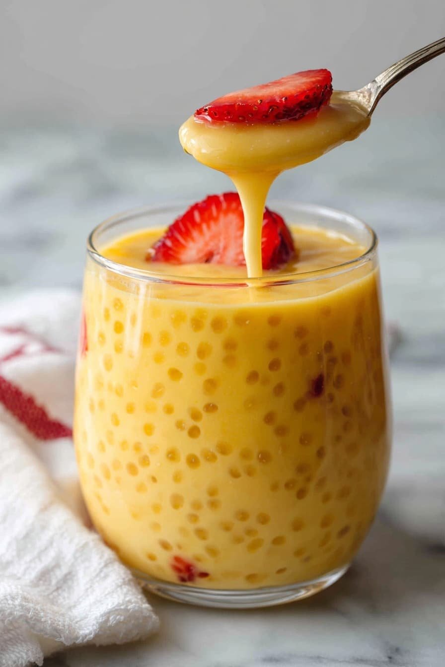 Two clear glasses are filled with a yellow creamy tapioca dessert with small translucent tapioca pearls throughout. Inside the dessert layers, slices of red strawberries and small yellow mango pieces are visible. Each glass is topped with a half slice of strawberry. The glasses sit on a round wood slice with dark brown bark edges, placed on a white marbled surface. Next to the wood slice lies a whole bright red strawberry and a peeled mango, cut into cubes but still attached to the fruit. Two silver spoons are placed on the right side of the wood slice. photo taken with an iphone --ar 2:3 --v 7