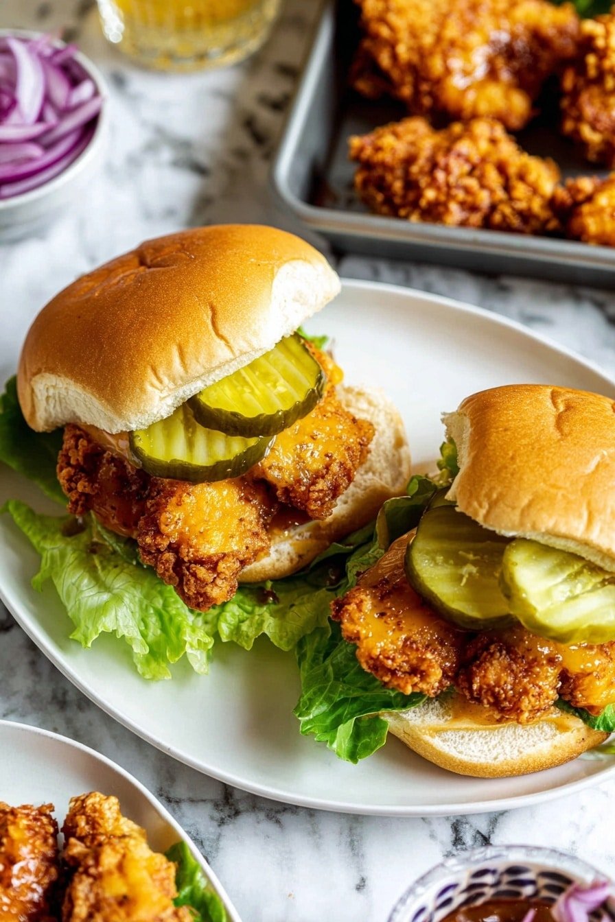 Two fried chicken sandwiches on a white plate with green lettuce on the bottom layer, golden brown fried chicken pieces in the middle, and two large green pickle slices on top, all inside soft, light tan sandwich buns. To the side, there is a small bowl with thin purple onion slices and a tray with more fried chicken pieces. The whole setting is on a white marbled surface. Photo taken with an iphone --ar 2:3 --v 7