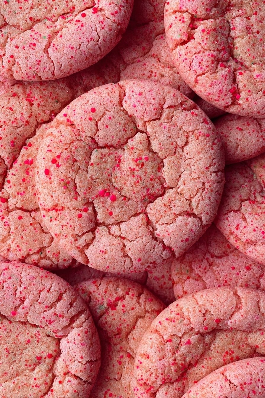 The image shows a close-up of many round cookies closely packed together, each with a cracked surface and a rough texture. The cookies are light pink with small, darker pink and red specks scattered all over, adding a colorful, speckled effect. The cookies appear thick but flat, with slightly uneven, soft edges. The photo background is not visible because the cookies cover the entire frame. photo taken with an iphone --ar 2:3 --v 7