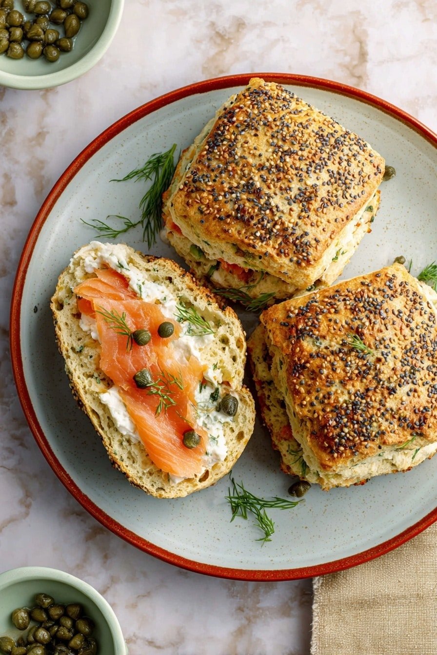 Three square biscuits with a golden brown top covered in sesame and poppy seeds lie on a white plate with a blue rim on a white marbled surface. One biscuit is open-faced, showing three layers: a bottom biscuit, a thick layer of white creamy cheese, a middle layer with pinkish-orange smoked salmon, topped with small green capers and fresh dill as garnish. The biscuits have a crumbly, slightly spongy texture with green herbs baked inside. Small white and green side bowls with capers and salmon are partially visible. A beige cloth napkin is on the top right corner. Photo taken with an iphone --ar 2:3 --v 7