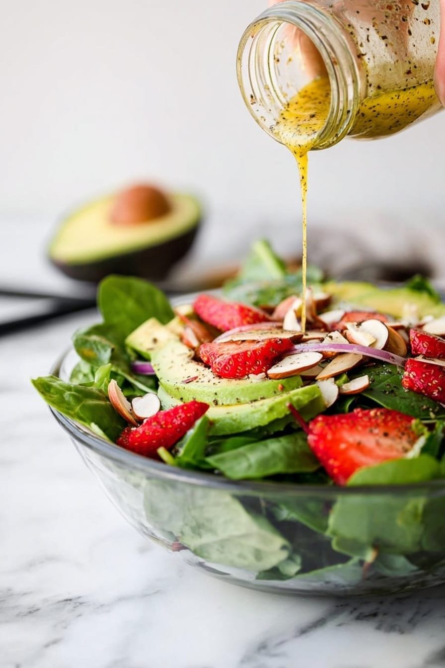 A white bowl filled with a fresh spinach salad is shown on a white marbled surface. The salad has several layers: the bottom is dark green spinach leaves with a smooth texture, scattered with thin slices of red strawberries and light brown sliced almonds on top. There are also thin slices of pale purple onion and pieces of bright green avocado visible in the salad. A woman's hand is pouring a yellow vinaigrette dressing with black specks from a glass jar onto the salad. In the background, there is a whole avocado placed on the white marbled surface. Two black utensils are resting on the edge of the bowl. photo taken with an iphone --ar 2:3 --v 7