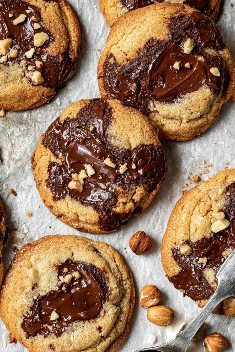 The image shows several round chocolate chip cookies on a sheet of white parchment paper over a white marbled textured surface. The cookies are golden brown with darker rich melted chocolate patches spread unevenly across the top of each cookie, creating a glossy texture. Some cookies have small nut pieces lightly scattered on them, adding texture contrast. The cookies appear soft and thick, with slightly crisp edges. A couple of whole nuts are placed near the bottom right corner, next to a metal scooping utensil. Photo taken with an iphone --ar 2:3 --v 7