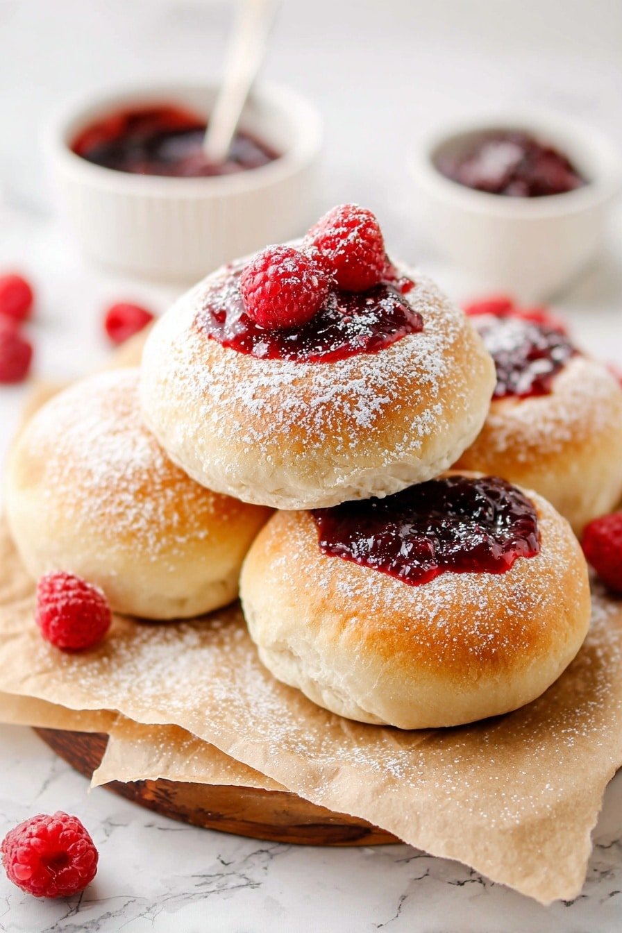 Four soft, round buns with a light golden-brown color are stacked together on top of white parchment paper, which is on a wooden board over a white marbled surface. Each bun has a well in the center filled with shiny, deep red berry jam. The top bun is decorated with two fresh red raspberries and a light dusting of white powdered sugar covers all the buns. In the background, there is a small white bowl filled with the same dark red jam, a spoon with jam, and some scattered raspberries. The overall lighting is bright and soft, giving the image a fresh, inviting look. photo taken with an iphone --ar 2:3 --v 7