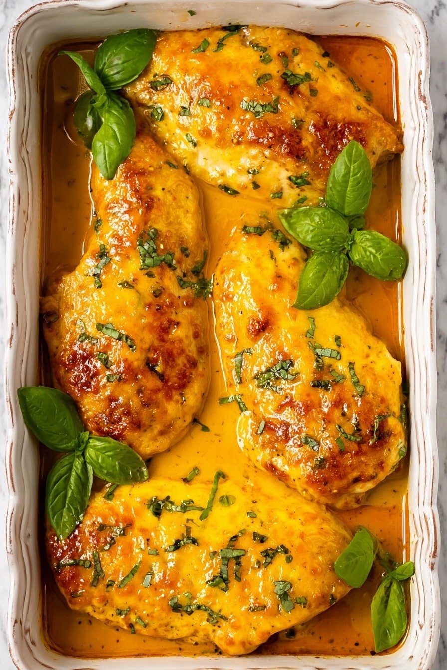 The image shows four golden yellow baked chicken pieces, each topped with a melted layer of cheddar cheese that has a slightly browned, bubbly texture. The chicken is arranged in two rows on an ornate white rectangular baking dish, sitting in a rich, glossy orange sauce that pools around the edges. Fresh green basil leaves are placed in three corners of the dish, adding a pop of color alongside scattered chopped herbs on top of the cheese. The background surface is a white marbled texture. The photo taken with an iphone --ar 2:3 --v 7