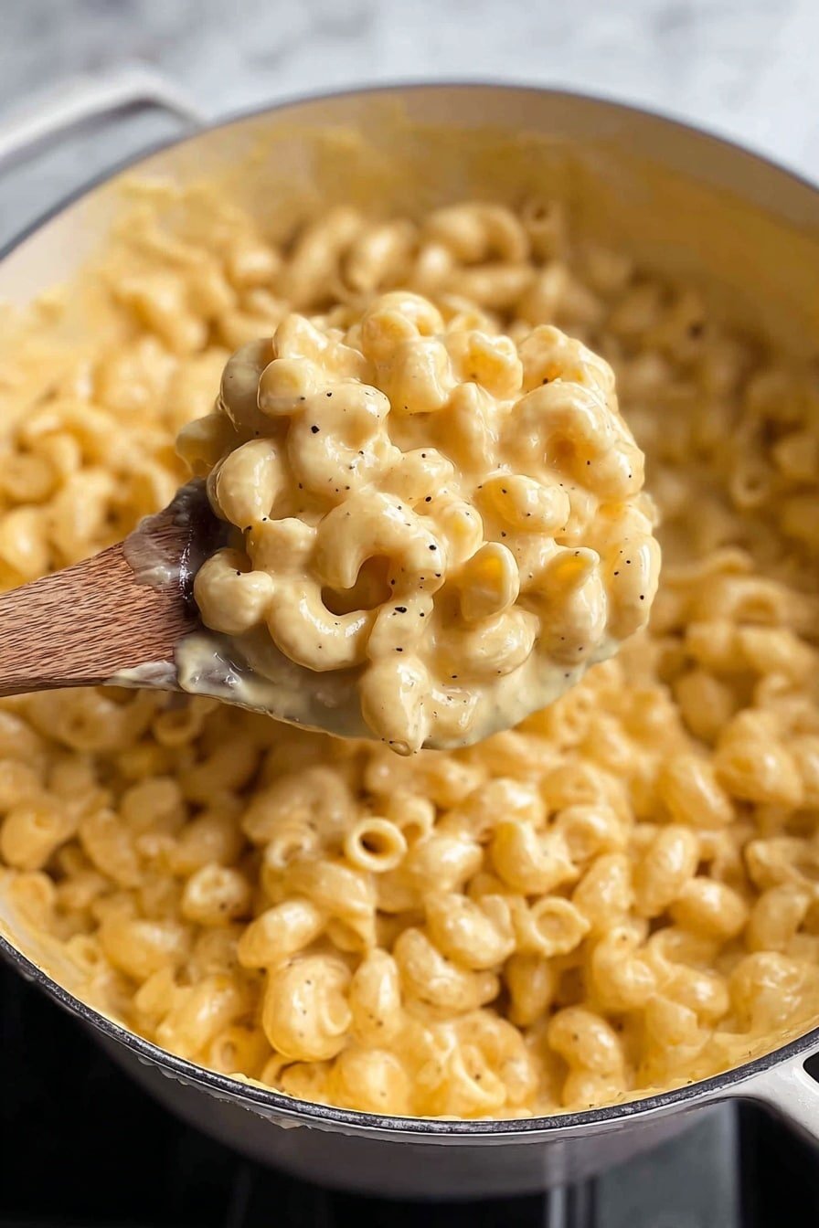 A close-up view of creamy macaroni and cheese in an ornate white pot on a stove with a white marbled texture background. The macaroni shells are coated in thick, smooth, yellow cheese sauce with small black pepper specks. A wooden spoon lifts a scoop of the cheesy pasta near the front, showing off the shiny, soft, and creamy texture of the sauce that clings to each shell in the spoon. The cheese sauce looks rich and evenly spread over the pasta throughout the pot. Photo taken with an iphone --ar 2:3 --v 7