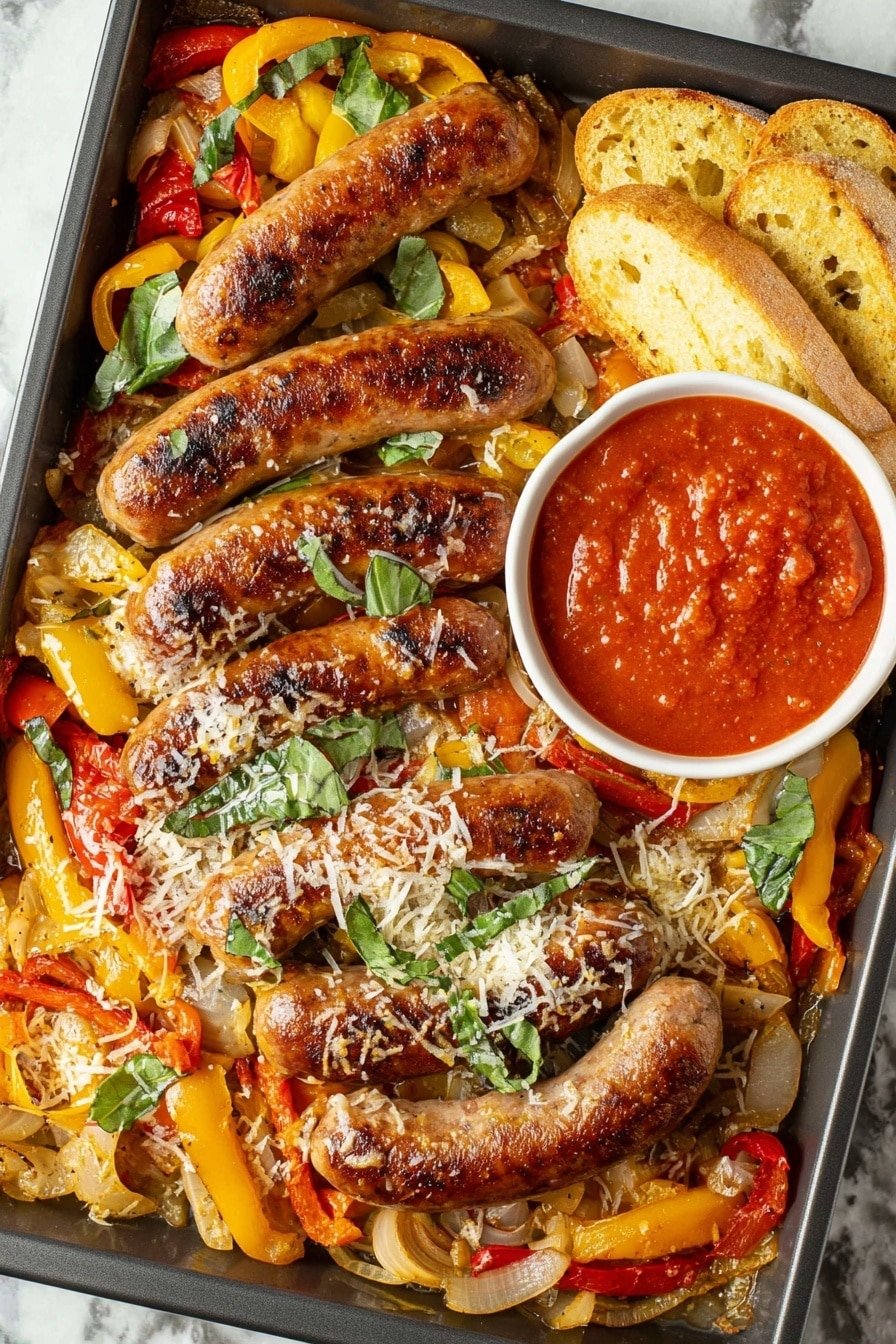 A metal tray filled with five browned sausages placed on top of a mix of cooked red, yellow, and orange bell peppers and sliced onions, garnished with bits of green basil and grated white cheese scattered around. On the top right side of the tray is a round white bowl filled with smooth red marinara sauce, accompanied by three toasted golden brown garlic bread slices next to the bowl. The tray sits on a white marbled texture. Photo taken with an iphone --ar 2:3 --v 7