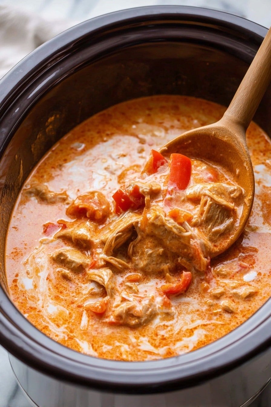 The image shows a slow cooker filled with a creamy orange-colored stew that has visible chunks of tender meat and slices of red bell pepper. The stew has a thick texture with some swirls of cream on the surface, creating a mix of lighter and deeper orange shades. A white ladle with a wooden handle is submerged in the stew, lifting some pieces that include both the meat and red pepper. The slow cooker is white and sits on a white marbled surface. Photo taken with an iphone --ar 2:3 --v 7