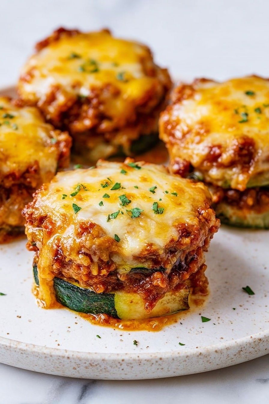 The image shows four round mini casseroles on an ornate white plate with brown speckles, placed on a wooden table with a white marbled texture visible at the edges. Each casserole has a golden brown top layer of melted cheese with small green herb bits sprinkled over it, and a slightly crispy edge where the cheese has browned. The texture of the cheese is smooth and glossy on top, covering a darker, chunky base layer visible on the sides, suggesting a mixture of meat and sauce beneath the cheese. The plate is centered in the image, and part of a green textured dish with another casserole is visible in the upper left corner. photo taken with an iphone --ar 2:3 --v 7