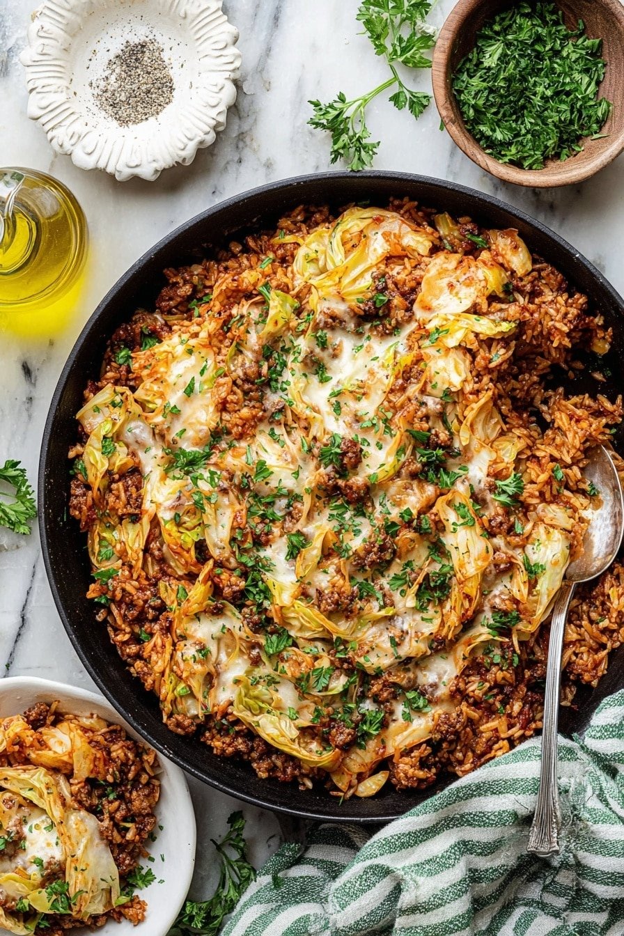 A large black skillet filled with a layered mix of cooked rice, melted cheese, cooked ground meat, and soft cabbage leaves, all mixed together with a reddish sauce giving a warm, hearty look. The dish is sprinkled with fresh green parsley on top, adding a pop of color. A silver spoon is resting inside the skillet with some of the mixture scooped out, showing the thick and textured layers inside. Around the skillet, there is a blue and white striped cloth, a small ornate white dish with chopped herbs, a wooden bowl with salt and pepper, a bottle of olive oil, and fresh parsley on a white marbled surface. Photo taken with an iphone --ar 2:3 --v 7