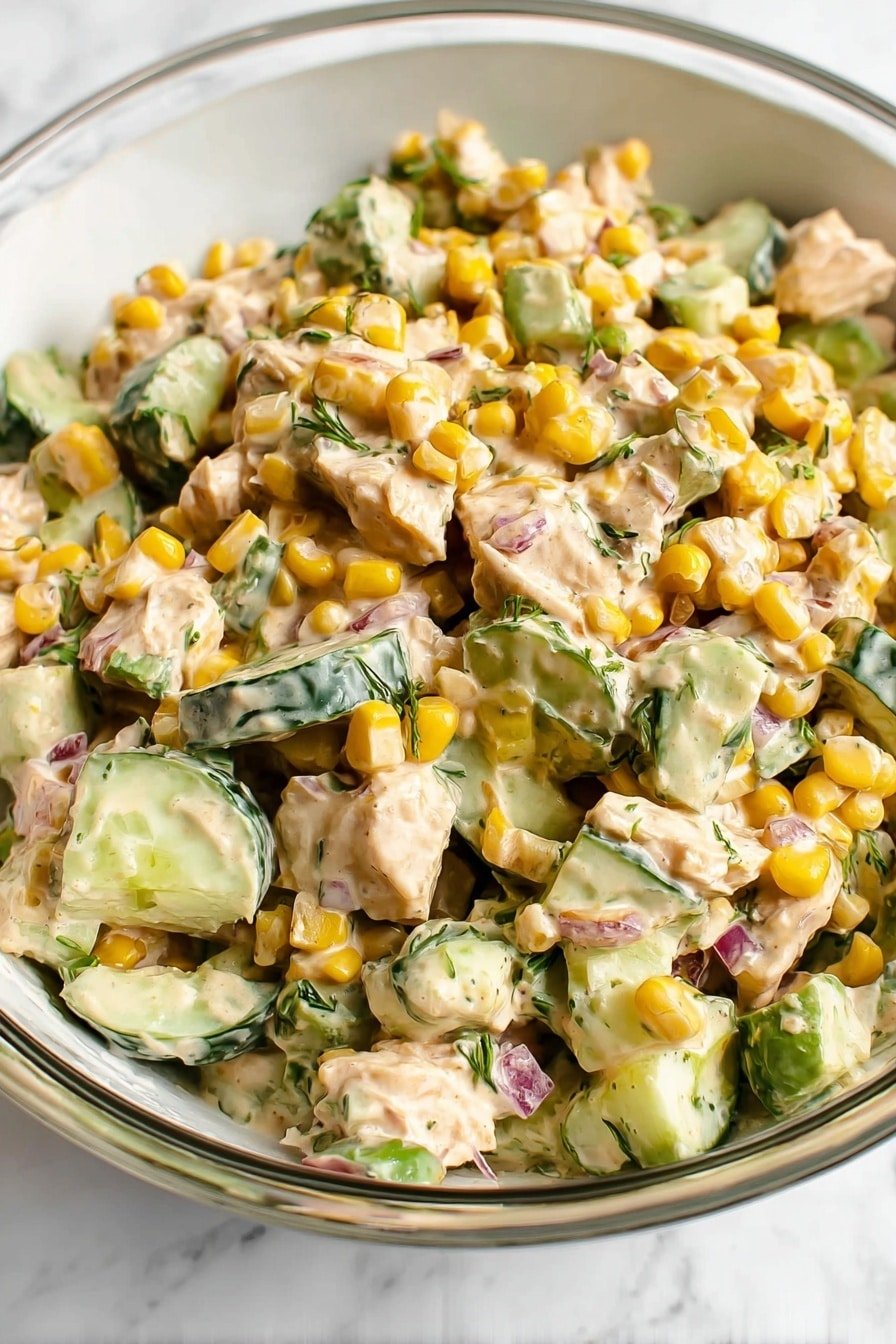 The image shows a clear glass bowl filled with a creamy salad. Inside the salad, there are three main layers of ingredients: the bottom layer is made of bright yellow corn kernels, the middle layer is chunks of white chicken mixed with green cucumber slices, and the top layer includes bits of red onion and fresh green herbs. All the ingredients are coated in a light beige creamy dressing, giving the salad a moist, mixed texture. The bowl sits on a white marbled texture surface. photo taken with an iphone --ar 2:3 --v 7