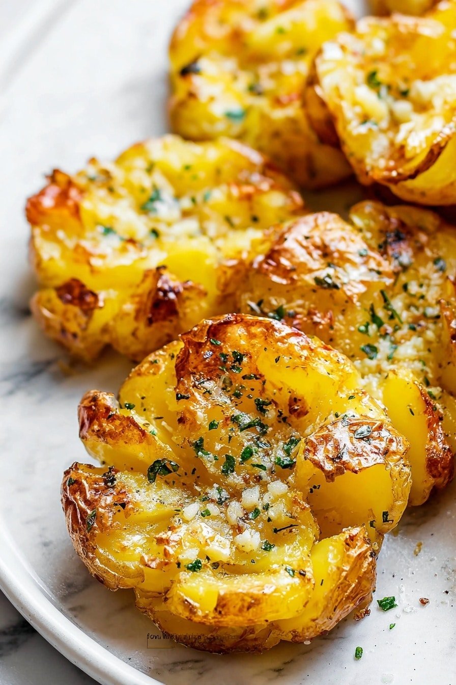 The image shows a dish of smashed roasted potatoes on an ornate white plate placed on a white marbled texture. The potatoes are golden brown and crispy on the outside with a rough, broken texture from being smashed, revealing bright yellow soft insides. Small bits of herbs and spices, like tiny green thyme leaves and red pepper flakes, are scattered over the potatoes, adding color and texture. Some potatoes have browned edges, showing a crunchy texture, while others have a softer look with coarse salt sprinkled lightly on top. The potatoes fill the plate close to the edges, creating a warm and inviting look. photo taken with an iphone --ar 2:3 --v 7